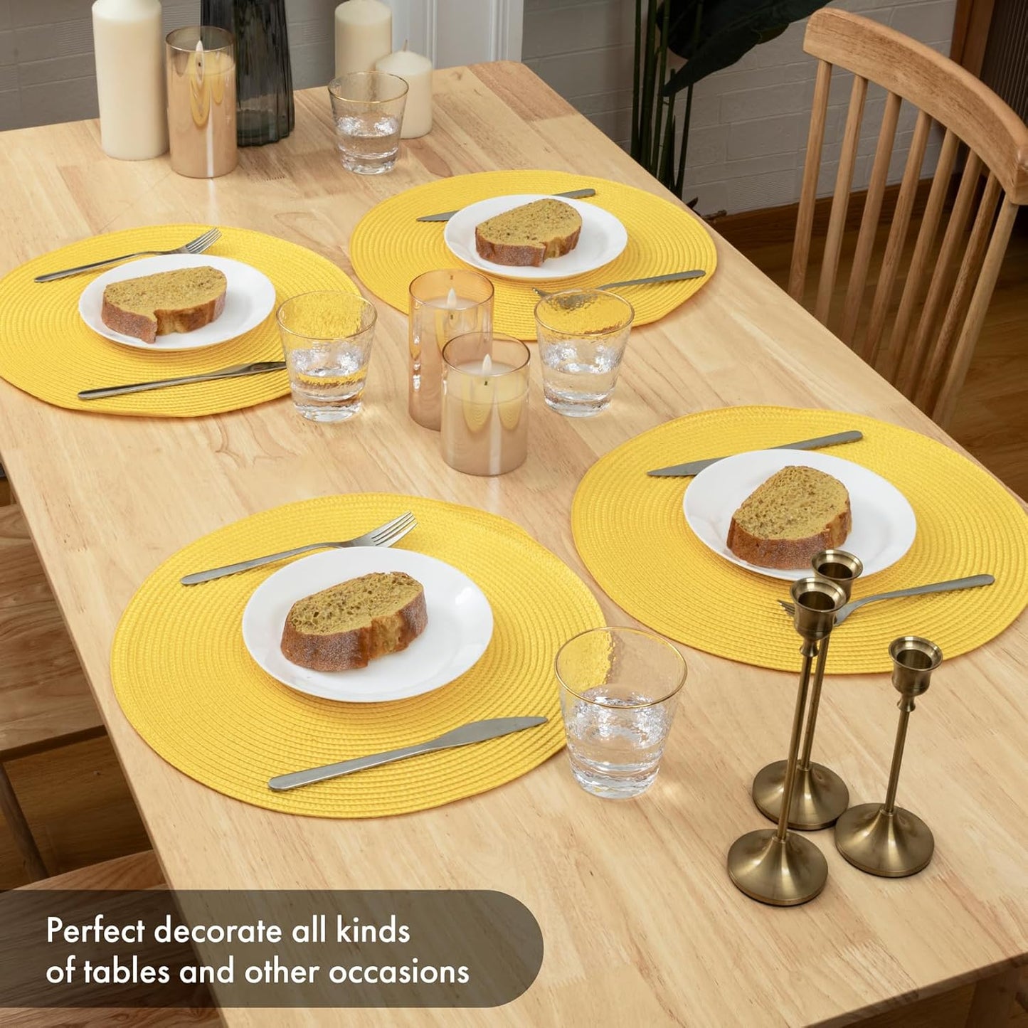 Round Braided Placemats Set of 4 Washable Woven Heat Resistant Table Mats for Kitchen Dining Tables 15 inch Round Place Mats (Yellow,4pcs)