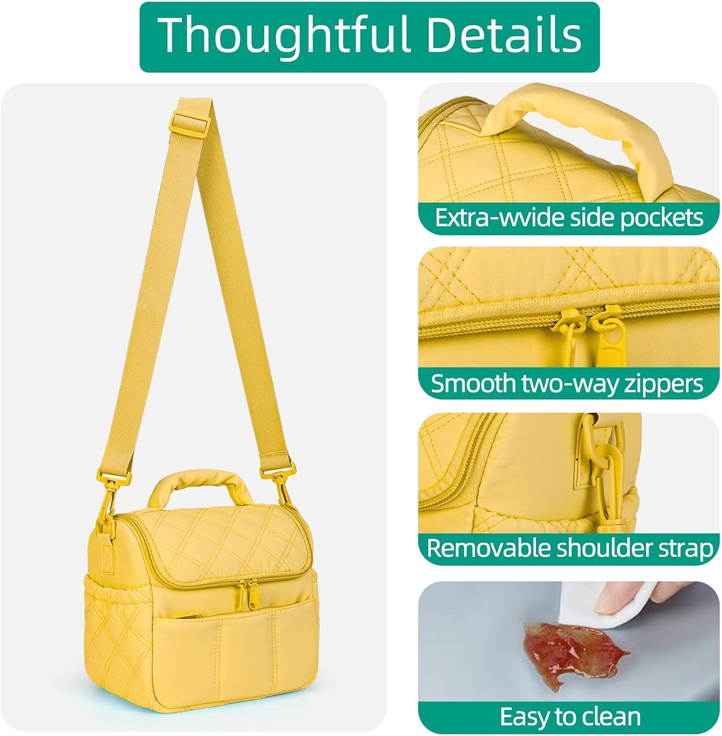 Lunch Bag Insulated Leakproof, Quilted Puffer Lunch Bag Women Lightweight for Work Travel Beach Picnic, Medium(Normal), Yellow