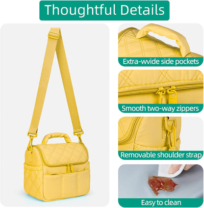 Lunch Bag Insulated Leakproof, Quilted Puffer Lunch Bag Women Lightweight for Work Travel Beach Picnic, Medium(Normal), Yellow