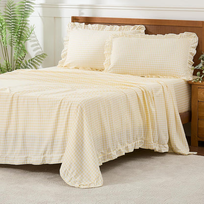 Gingham Full Sheet Set, Lightweight Super Soft Brushed Microfiber Plaid Bed Sheets with 16" Deep Pocket, 4 Piece Ruffle Farmhouse Bedroom Decor, Yellow