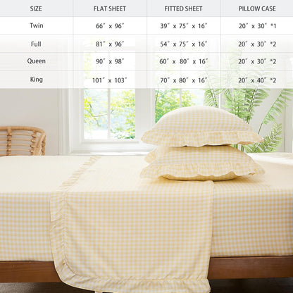 Gingham Full Sheet Set, Lightweight Super Soft Brushed Microfiber Plaid Bed Sheets with 16" Deep Pocket, 4 Piece Ruffle Farmhouse Bedroom Decor, Yellow
