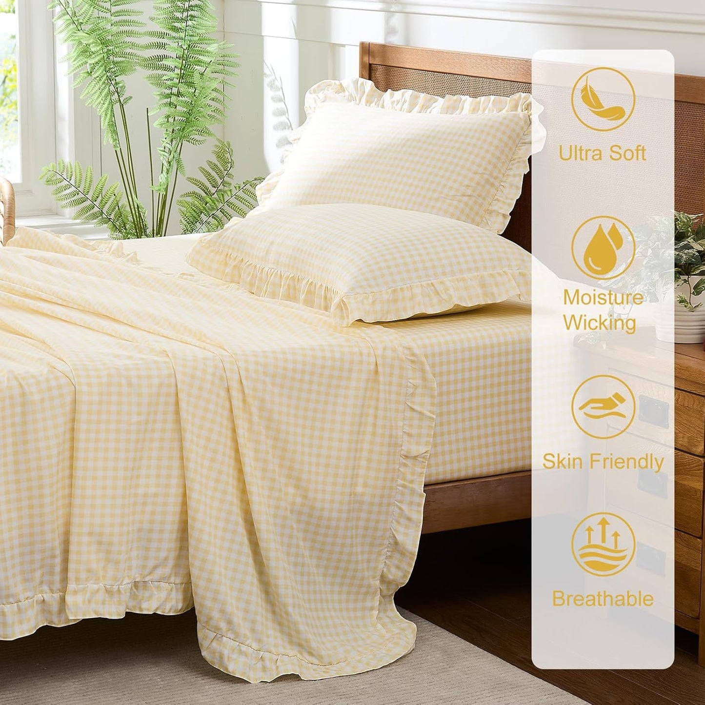 Gingham Full Sheet Set, Lightweight Super Soft Brushed Microfiber Plaid Bed Sheets with 16" Deep Pocket, 4 Piece Ruffle Farmhouse Bedroom Decor, Yellow
