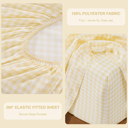 Gingham Full Sheet Set, Lightweight Super Soft Brushed Microfiber Plaid Bed Sheets with 16" Deep Pocket, 4 Piece Ruffle Farmhouse Bedroom Decor, Yellow