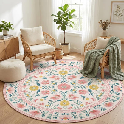Boho Floral Round Area Rug 4ft,Machine Washable Light Pink Green Yellow Flower Leaf Round Rug Non-Slip Circle Rugs Low-Pile,Indoor Floor Carpet Mat for Living Room Bedroom Kitchen Dining Entryway