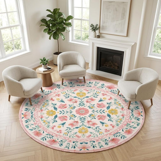 Boho Floral Round Area Rug 4ft,Machine Washable Light Pink Green Yellow Flower Leaf Round Rug Non-Slip Circle Rugs Low-Pile,Indoor Floor Carpet Mat for Living Room Bedroom Kitchen Dining Entryway