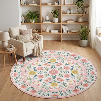 Boho Floral Round Area Rug 4ft,Machine Washable Light Pink Green Yellow Flower Leaf Round Rug Non-Slip Circle Rugs Low-Pile,Indoor Floor Carpet Mat for Living Room Bedroom Kitchen Dining Entryway