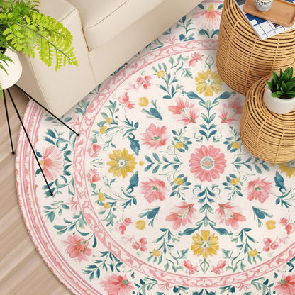 Boho Floral Round Area Rug 4ft,Machine Washable Light Pink Green Yellow Flower Leaf Round Rug Non-Slip Circle Rugs Low-Pile,Indoor Floor Carpet Mat for Living Room Bedroom Kitchen Dining Entryway