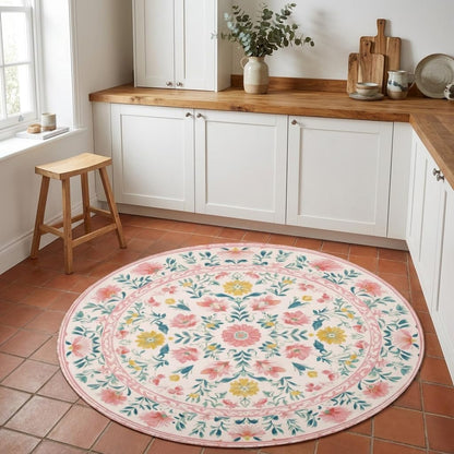 Boho Floral Round Area Rug 4ft,Machine Washable Light Pink Green Yellow Flower Leaf Round Rug Non-Slip Circle Rugs Low-Pile,Indoor Floor Carpet Mat for Living Room Bedroom Kitchen Dining Entryway