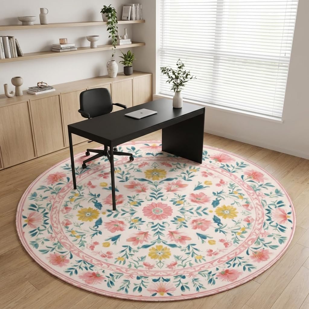 Boho Floral Round Area Rug 4ft,Machine Washable Light Pink Green Yellow Flower Leaf Round Rug Non-Slip Circle Rugs Low-Pile,Indoor Floor Carpet Mat for Living Room Bedroom Kitchen Dining Entryway