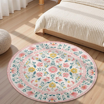 Boho Floral Round Area Rug 4ft,Machine Washable Light Pink Green Yellow Flower Leaf Round Rug Non-Slip Circle Rugs Low-Pile,Indoor Floor Carpet Mat for Living Room Bedroom Kitchen Dining Entryway
