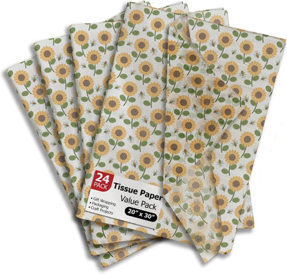 Sunflower and Bees Summer Printed Tissue Paper for Gift Bags or Boxes and Wrapping - Floral Spring Bulk Decorative Art Tissue Paper for Packaging and Gifting | 24 Sheets 20" x 30"