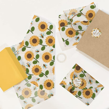Sunflower and Bees Summer Printed Tissue Paper for Gift Bags or Boxes and Wrapping - Floral Spring Bulk Decorative Art Tissue Paper for Packaging and Gifting | 24 Sheets 20" x 30"
