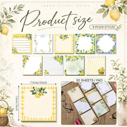 9 Pads Lemon Sticky Notes 3x3 Inch Cute Self Stick Notepads Notes Adhesive Memo Pad Office Decor Gifts for Students School Teacher Meeting Office Supplies
