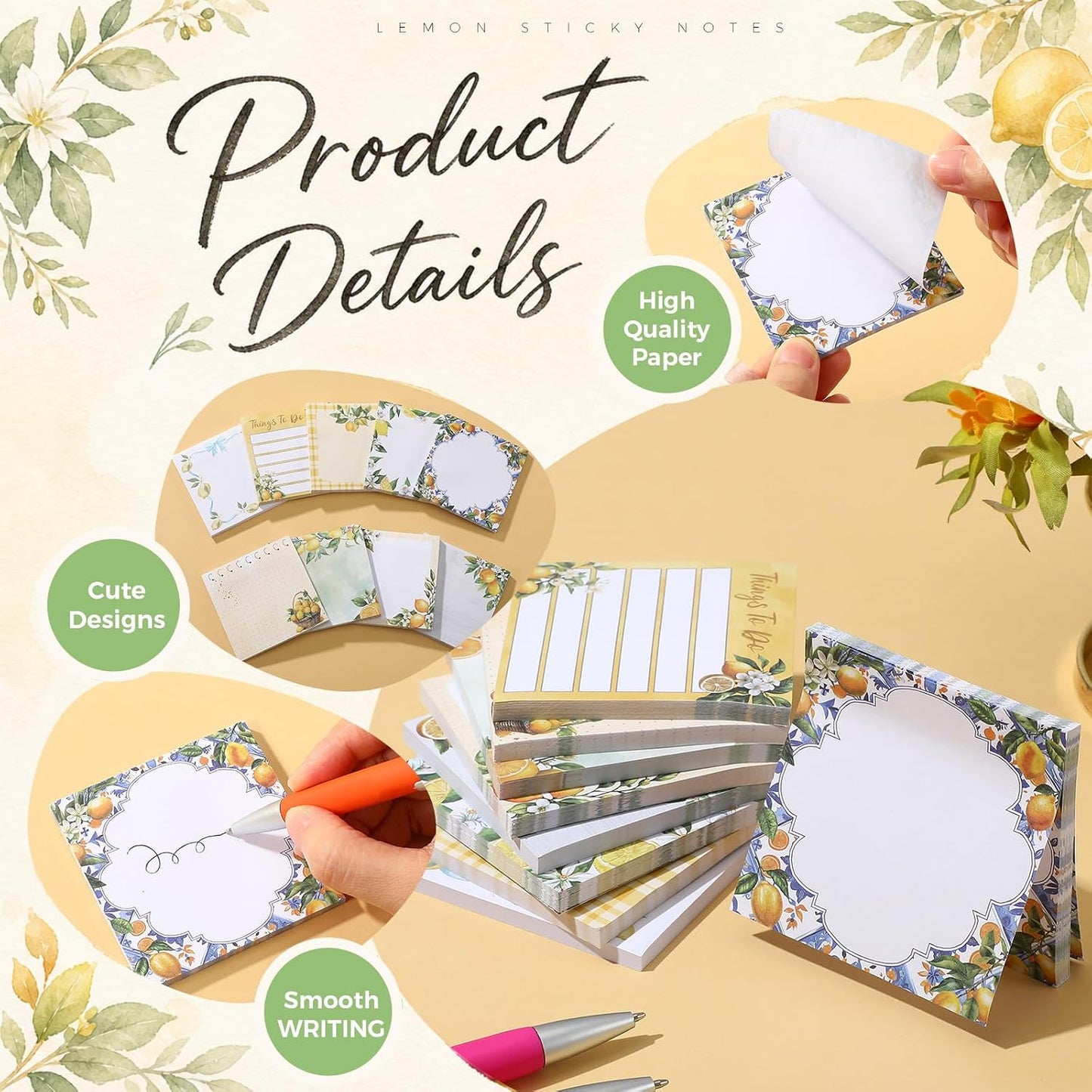 9 Pads Lemon Sticky Notes 3x3 Inch Cute Self Stick Notepads Notes Adhesive Memo Pad Office Decor Gifts for Students School Teacher Meeting Office Supplies