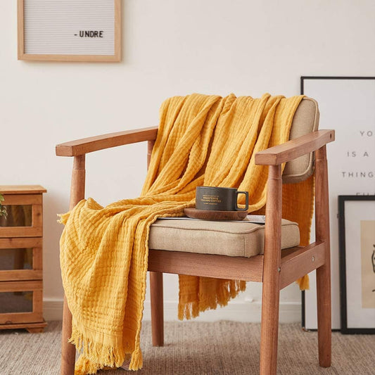 Cotton Muslin Throw Blanket for Bed, Couch, Knit Woven Gauze Blanket with Tassels, Soft Lightweight Cozy Pre-Washed Breathable Farmhouse Decoration for All-Season (Yellow)