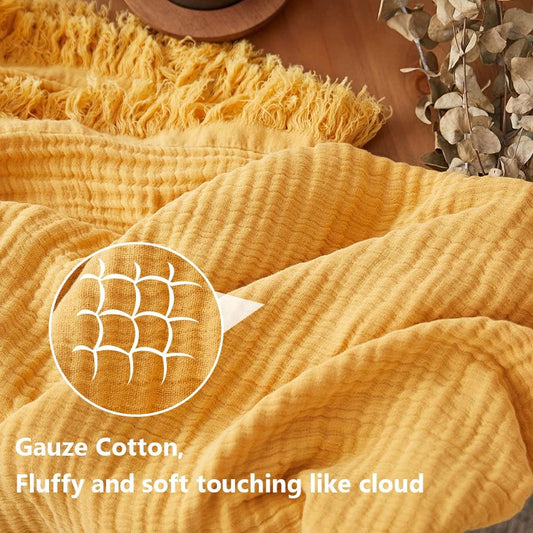 Cotton Muslin Throw Blanket for Bed, Couch, Knit Woven Gauze Blanket with Tassels, Soft Lightweight Cozy Pre-Washed Breathable Farmhouse Decoration for All-Season (Yellow)