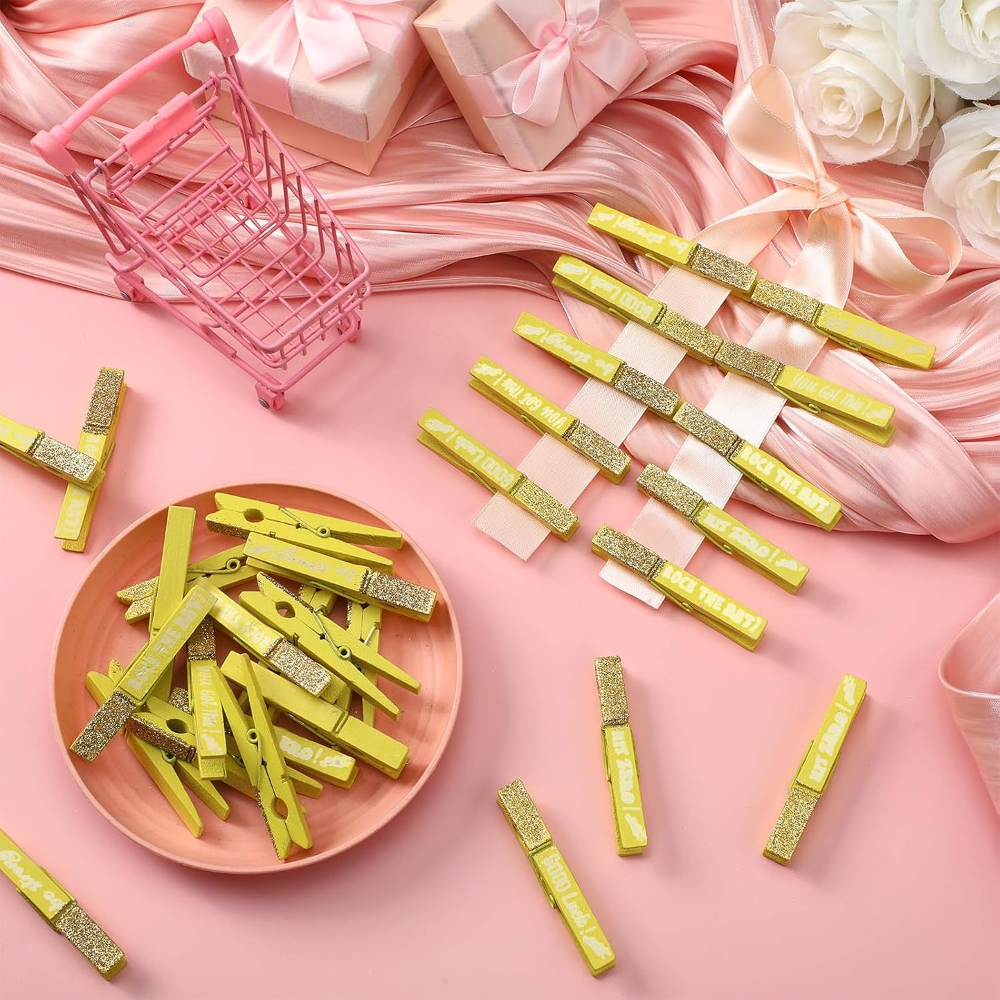 30 Pcs Spirit Clips Cheer Pins Cheerleader Gifts Clothes Pins for Backpacks Competition Glittered for Team Cheer Gifts Stuff Supplies Party Favors Accessories Bulk(Yellow,Shiny)