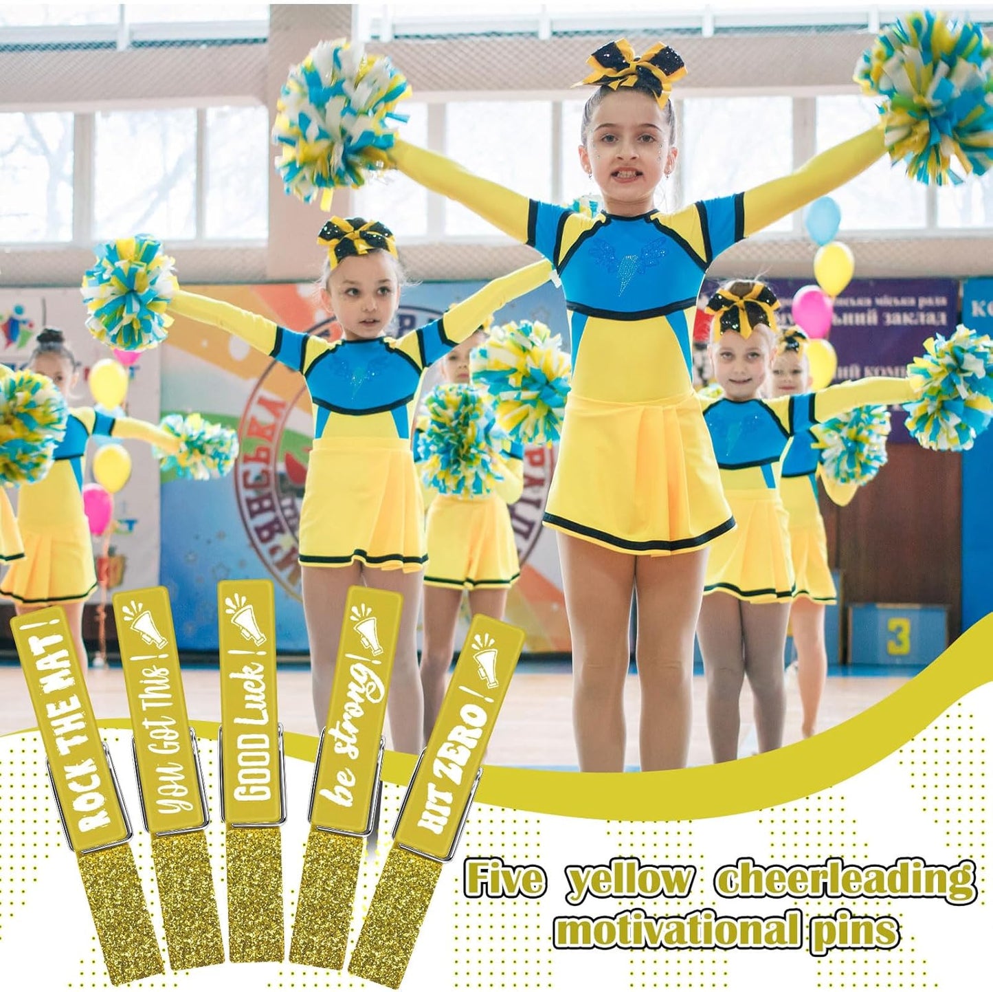 30 Pcs Spirit Clips Cheer Pins Cheerleader Gifts Clothes Pins for Backpacks Competition Glittered for Team Cheer Gifts Stuff Supplies Party Favors Accessories Bulk(Yellow,Shiny)
