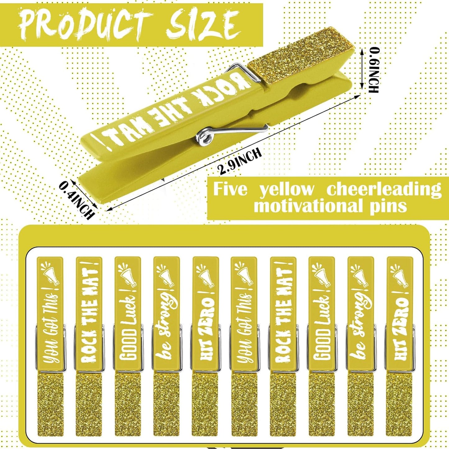 30 Pcs Spirit Clips Cheer Pins Cheerleader Gifts Clothes Pins for Backpacks Competition Glittered for Team Cheer Gifts Stuff Supplies Party Favors Accessories Bulk(Yellow,Shiny)