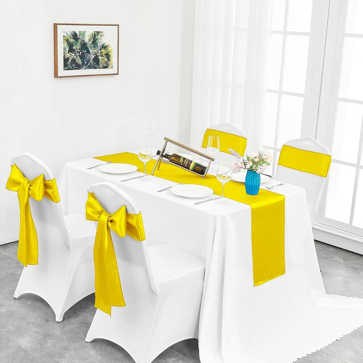 4-Pack Yellow Satin Table Runner 12 x 108 Inch Long Bright and Smooth Silk Fabric Table Runner for Wedding Banquet Birthday Party Decoration