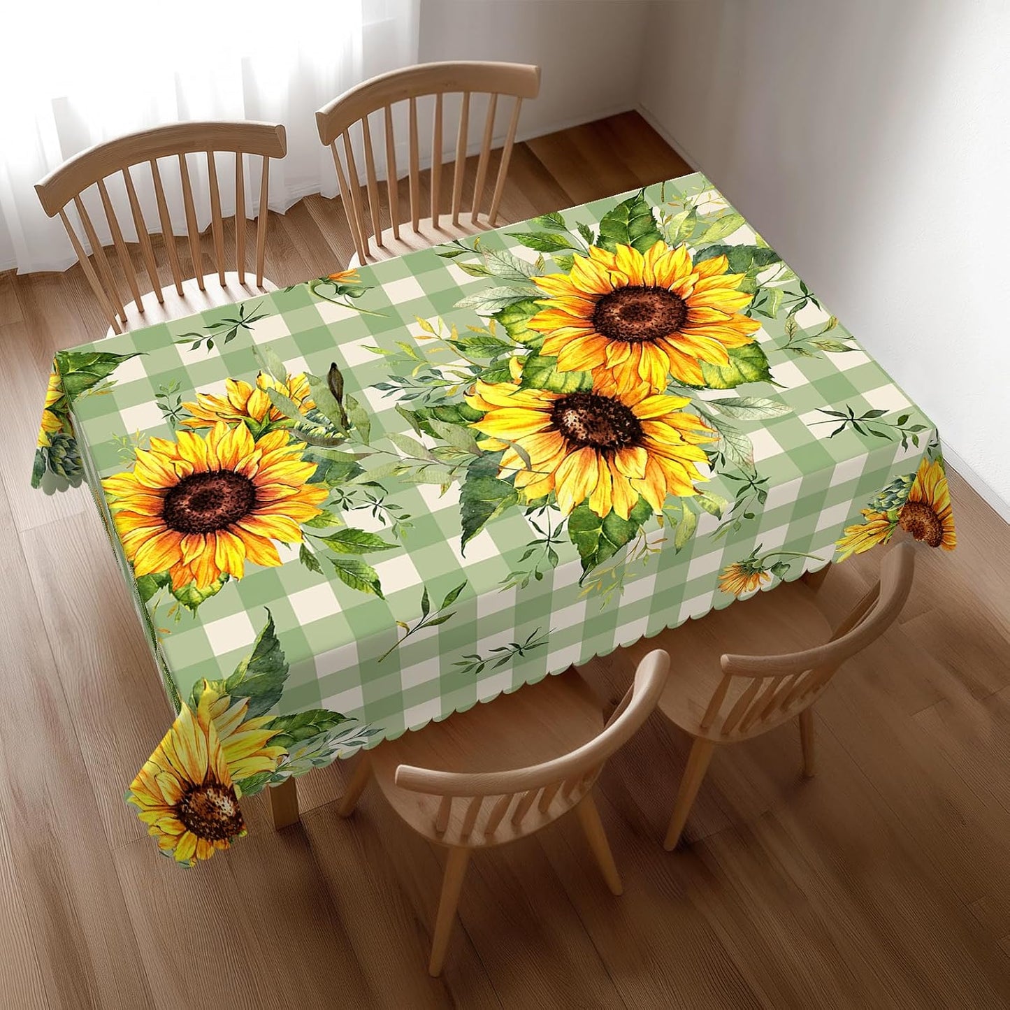 Sunflower Checkered Table Cloth Bright Blooming Sunflowers Rectangle Tablecloth Reusable Green Checkered Table Cloths Washable Yellow Sunflower Tabletop Covers for Kitchen Party, 54"X72"