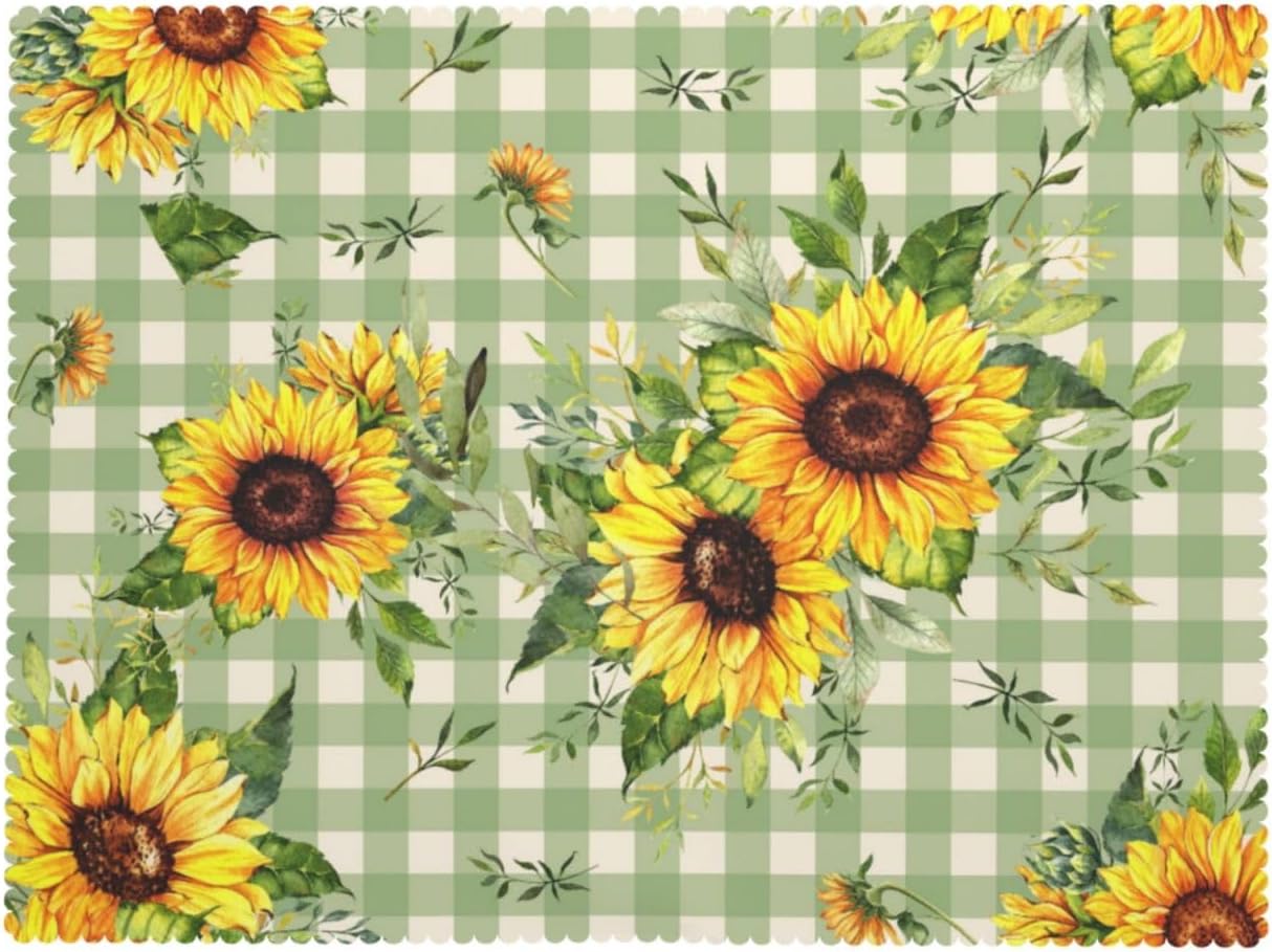 Sunflower Checkered Table Cloth Bright Blooming Sunflowers Rectangle Tablecloth Reusable Green Checkered Table Cloths Washable Yellow Sunflower Tabletop Covers for Kitchen Party, 54"X72"