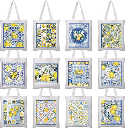 12 Pcs Amalfi Coast Lemon Gift Bags Italian Island Lemons Canvas Tote Bags Bulk Summer Travel Beach Mediterranean Capri Positano Italy Gifts for Women Shopping Wedding Birthday Party Favors