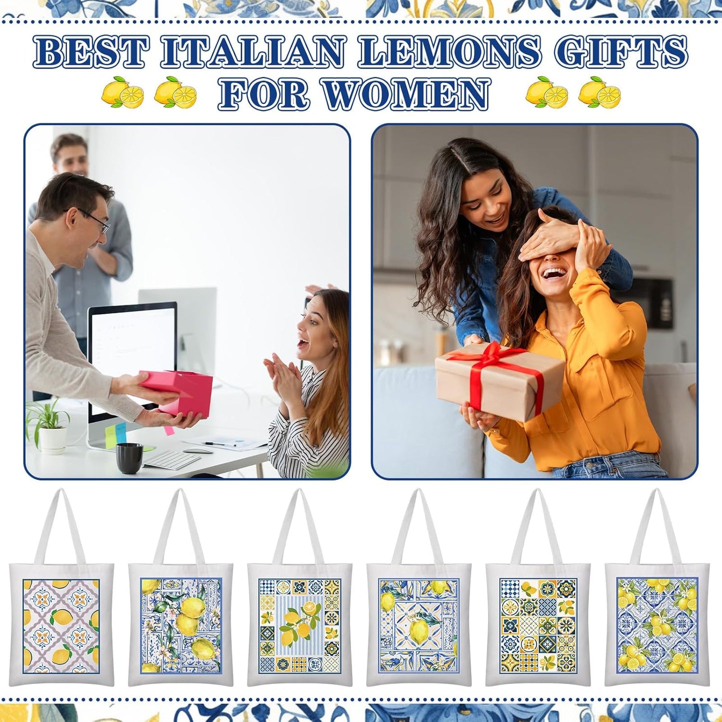 12 Pcs Amalfi Coast Lemon Gift Bags Italian Island Lemons Canvas Tote Bags Bulk Summer Travel Beach Mediterranean Capri Positano Italy Gifts for Women Shopping Wedding Birthday Party Favors