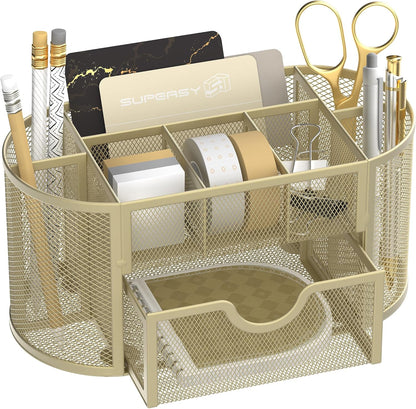Mesh Desk Organizer, Desk Accessories & Workspace Organizers with Drawers, Pencil Holder for Desk with 9 Compartments for Office Suppliess, 8.6 x 4.3 x 4.1 Inch, Yellow