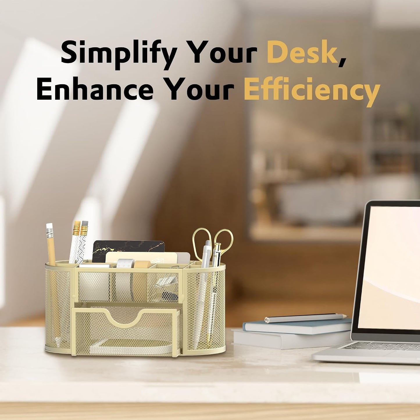 Mesh Desk Organizer, Desk Accessories & Workspace Organizers with Drawers, Pencil Holder for Desk with 9 Compartments for Office Suppliess, 8.6 x 4.3 x 4.1 Inch, Yellow