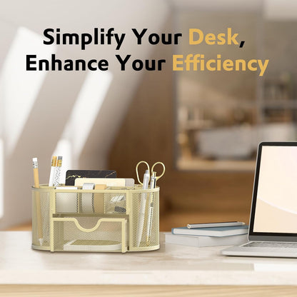 Mesh Desk Organizer, Desk Accessories & Workspace Organizers with Drawers, Pencil Holder for Desk with 9 Compartments for Office Suppliess, 8.6 x 4.3 x 4.1 Inch, Yellow