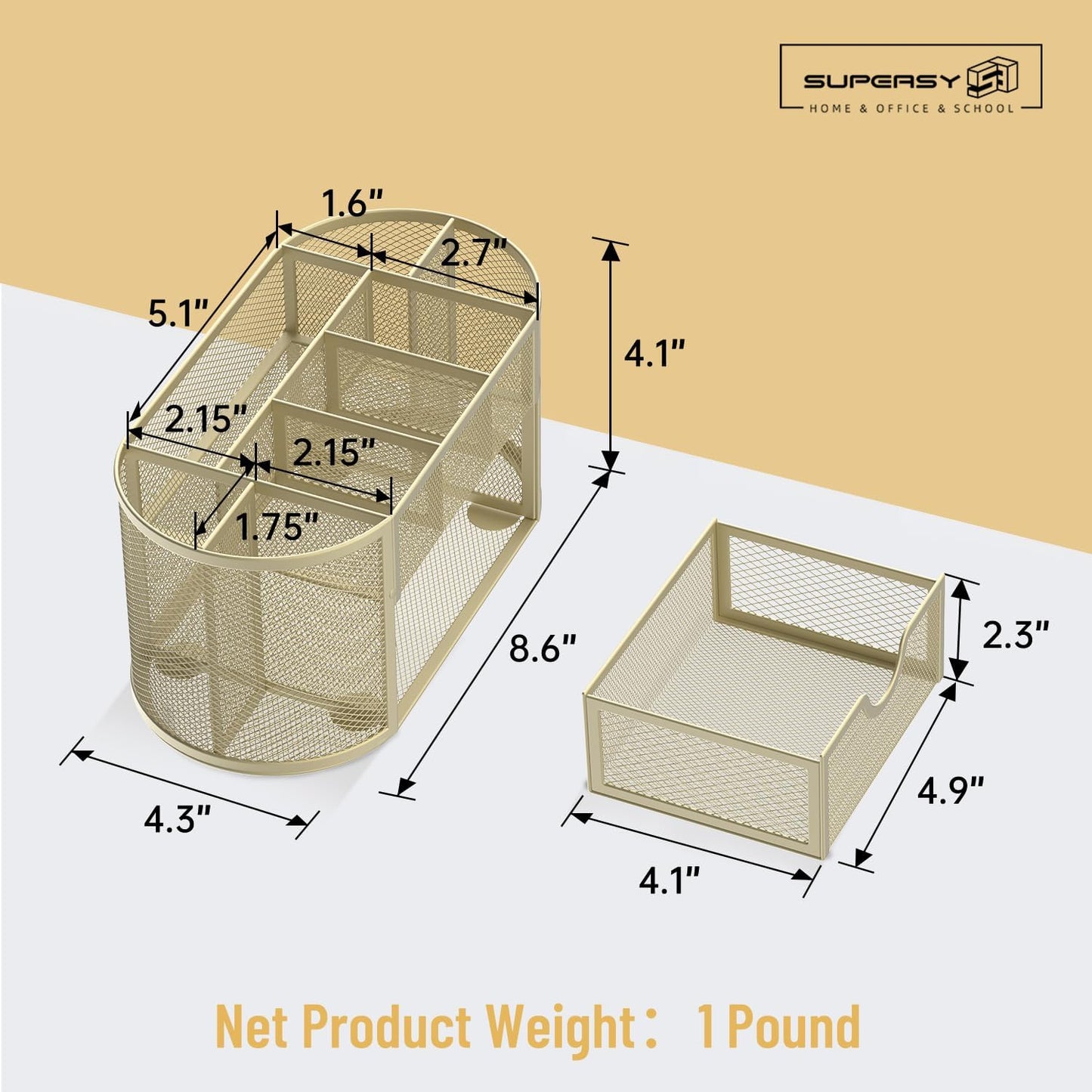 Mesh Desk Organizer, Desk Accessories & Workspace Organizers with Drawers, Pencil Holder for Desk with 9 Compartments for Office Suppliess, 8.6 x 4.3 x 4.1 Inch, Yellow