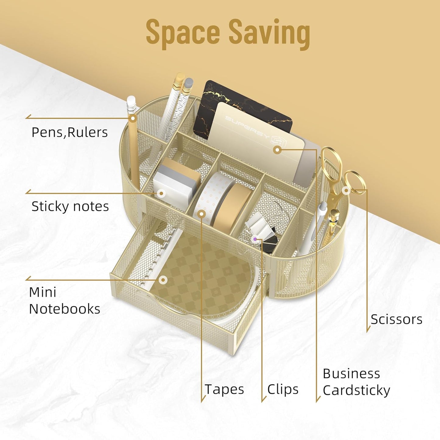 Mesh Desk Organizer, Desk Accessories & Workspace Organizers with Drawers, Pencil Holder for Desk with 9 Compartments for Office Suppliess, 8.6 x 4.3 x 4.1 Inch, Yellow