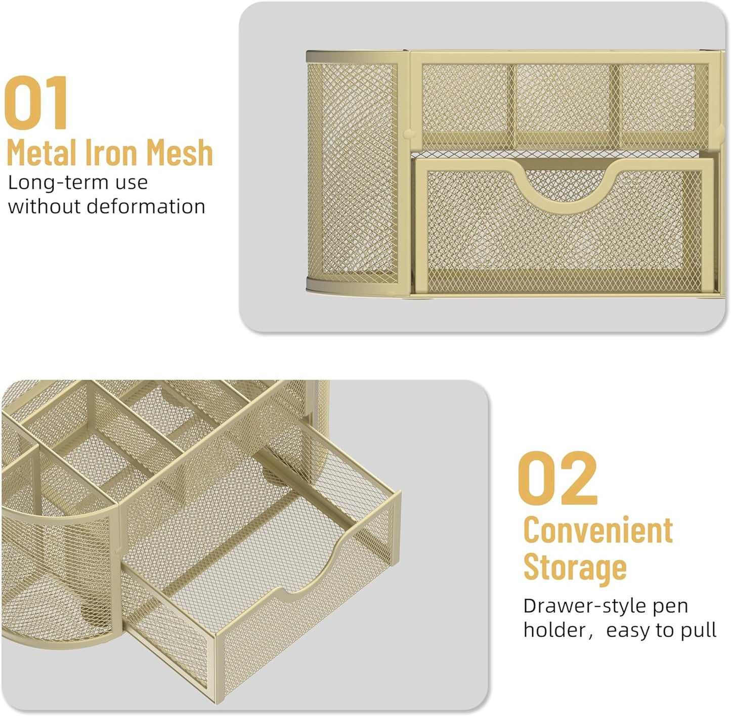 Mesh Desk Organizer, Desk Accessories & Workspace Organizers with Drawers, Pencil Holder for Desk with 9 Compartments for Office Suppliess, 8.6 x 4.3 x 4.1 Inch, Yellow