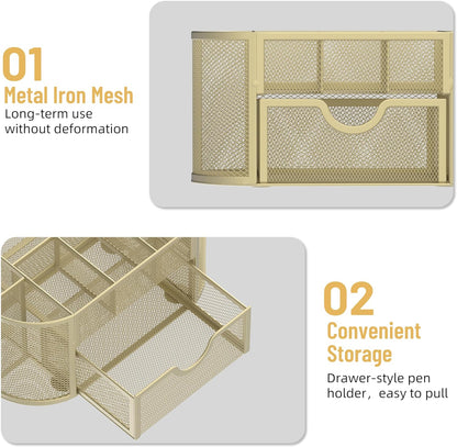 Mesh Desk Organizer, Desk Accessories & Workspace Organizers with Drawers, Pencil Holder for Desk with 9 Compartments for Office Suppliess, 8.6 x 4.3 x 4.1 Inch, Yellow