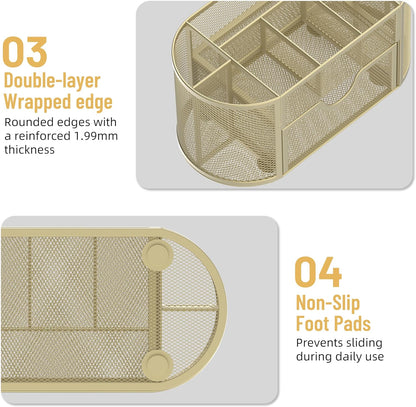 Mesh Desk Organizer, Desk Accessories & Workspace Organizers with Drawers, Pencil Holder for Desk with 9 Compartments for Office Suppliess, 8.6 x 4.3 x 4.1 Inch, Yellow