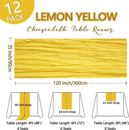 12 Pack Lemon Yellow Cheesecloth Table Runner 10Ft Gauze Cheese Cloth Table Runner 35x120 Inch Boho Sheer Rustic Fabric for Summer Party Decor Baby Shower Wedding Decorations