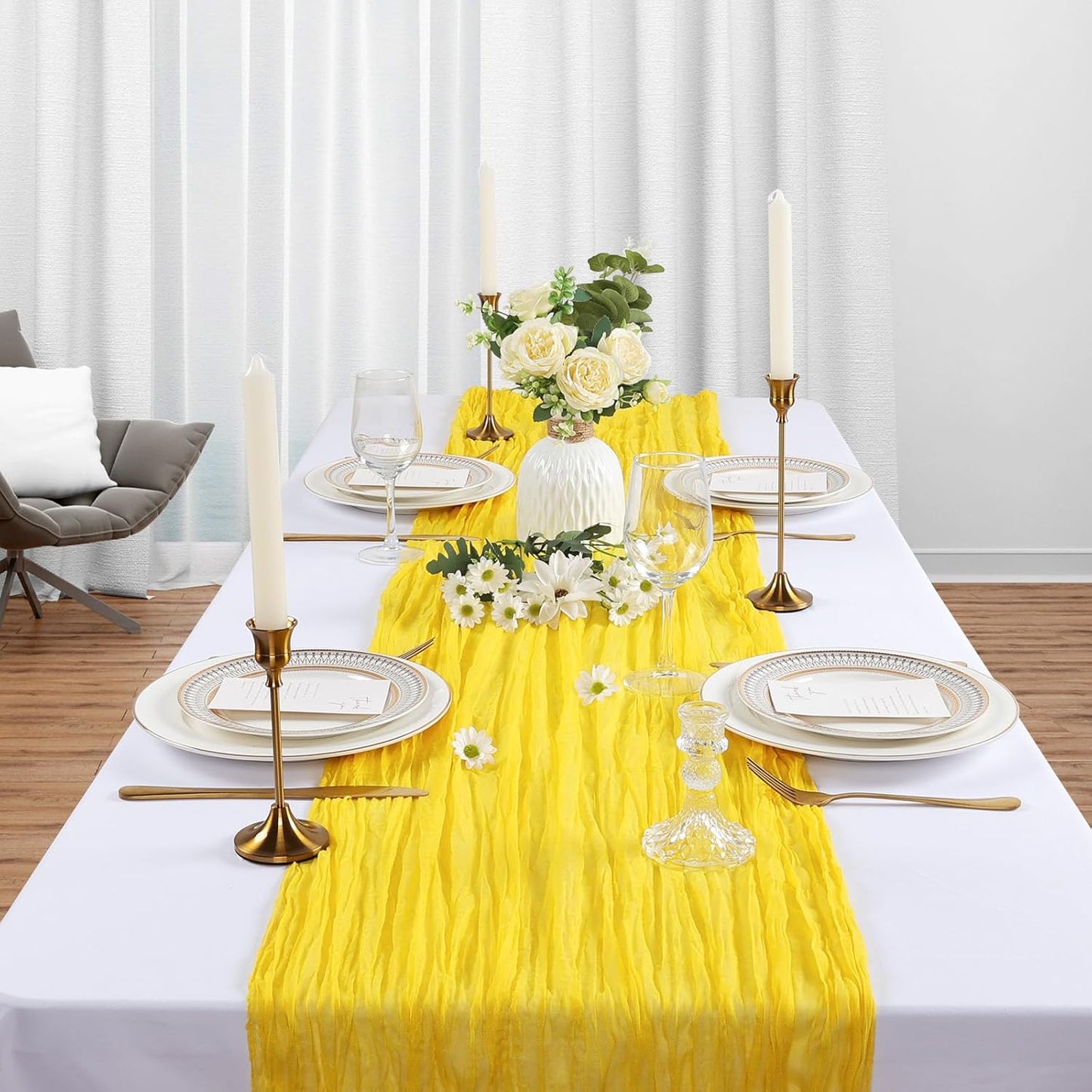 12 Pack Lemon Yellow Cheesecloth Table Runner 10Ft Gauze Cheese Cloth Table Runner 35x120 Inch Boho Sheer Rustic Fabric for Summer Party Decor Baby Shower Wedding Decorations
