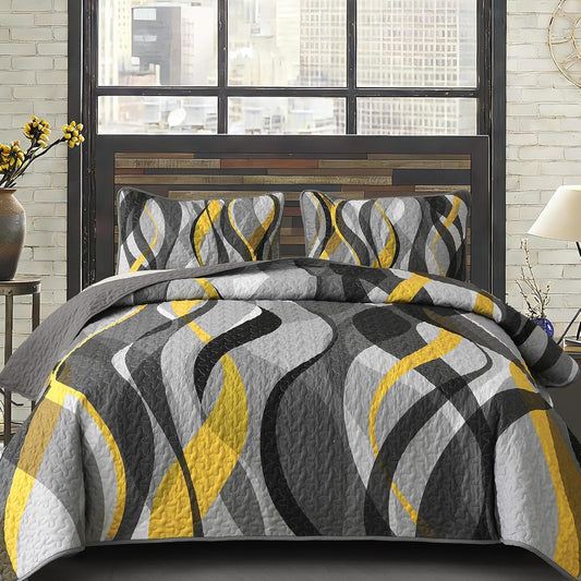Classic Line Quilt Set King Size, Yellow and Grey King Quilt with 2 Pillowshams, Stripe Quilt Bedding Set 3PCs Soft Lightweight Microfiber Bedspread Coverlet Set for All Season, 110"x90"