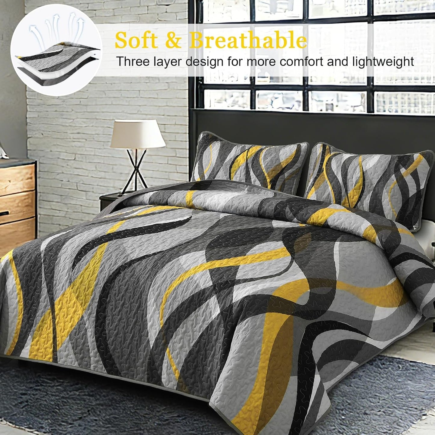 Classic Line Quilt Set King Size, Yellow and Grey King Quilt with 2 Pillowshams, Stripe Quilt Bedding Set 3PCs Soft Lightweight Microfiber Bedspread Coverlet Set for All Season, 110"x90"