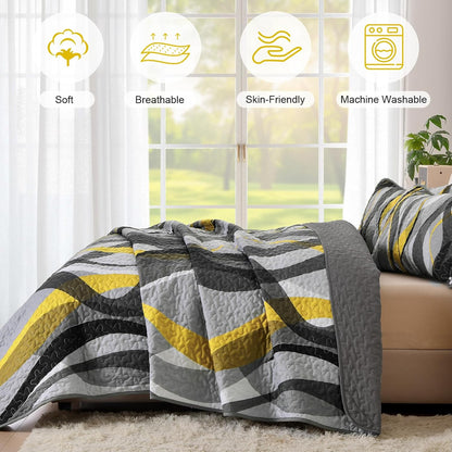 Classic Line Quilt Set King Size, Yellow and Grey King Quilt with 2 Pillowshams, Stripe Quilt Bedding Set 3PCs Soft Lightweight Microfiber Bedspread Coverlet Set for All Season, 110"x90"