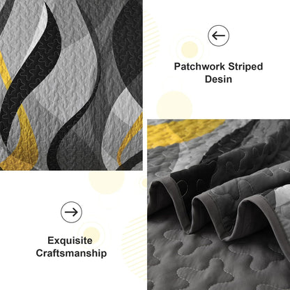 Classic Line Quilt Set King Size, Yellow and Grey King Quilt with 2 Pillowshams, Stripe Quilt Bedding Set 3PCs Soft Lightweight Microfiber Bedspread Coverlet Set for All Season, 110"x90"