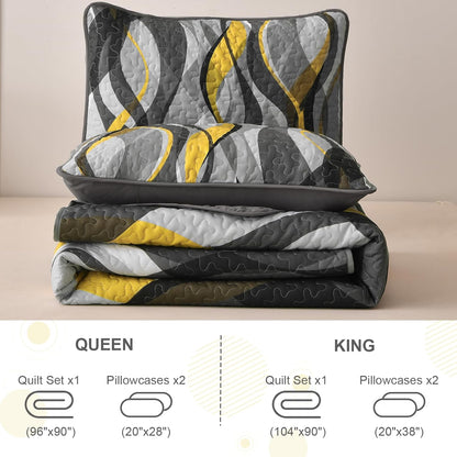 Classic Line Quilt Set King Size, Yellow and Grey King Quilt with 2 Pillowshams, Stripe Quilt Bedding Set 3PCs Soft Lightweight Microfiber Bedspread Coverlet Set for All Season, 110"x90"