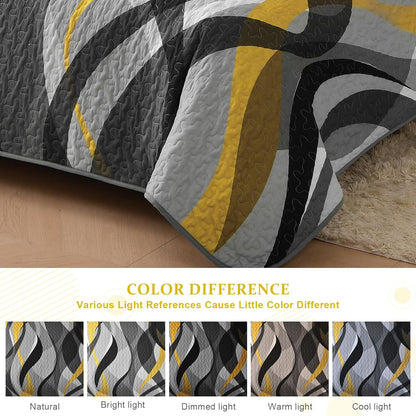 Classic Line Quilt Set King Size, Yellow and Grey King Quilt with 2 Pillowshams, Stripe Quilt Bedding Set 3PCs Soft Lightweight Microfiber Bedspread Coverlet Set for All Season, 110"x90"