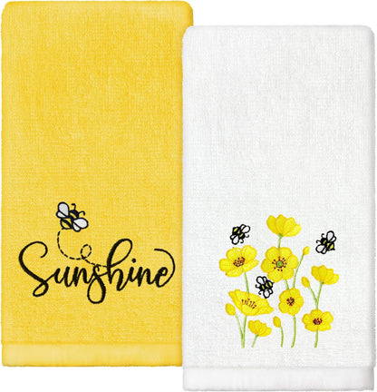 Sunshine Flowers Hand Towels Set of 2 Embroidered Decorative Dish Towels 13.7 x 29.5 Inch Yellow Bathroom Decor Spring Summer Absorbent Towels for Bathroom Kitchen