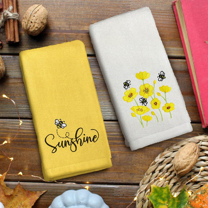 Sunshine Flowers Hand Towels Set of 2 Embroidered Decorative Dish Towels 13.7 x 29.5 Inch Yellow Bathroom Decor Spring Summer Absorbent Towels for Bathroom Kitchen