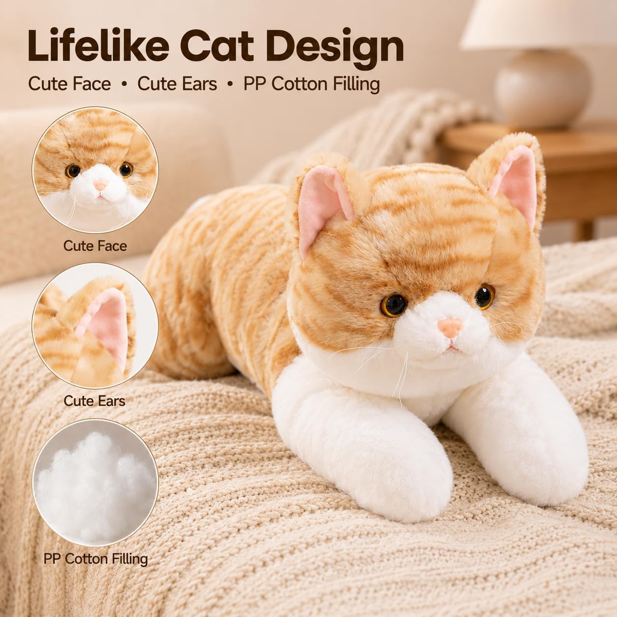 19.7 Inches Realistic Cat Stuffed Animal – Yellow Soft Plush Kitty Toy for Kids and Girlfriend, Cute Cat Plush for Birthday Gift
