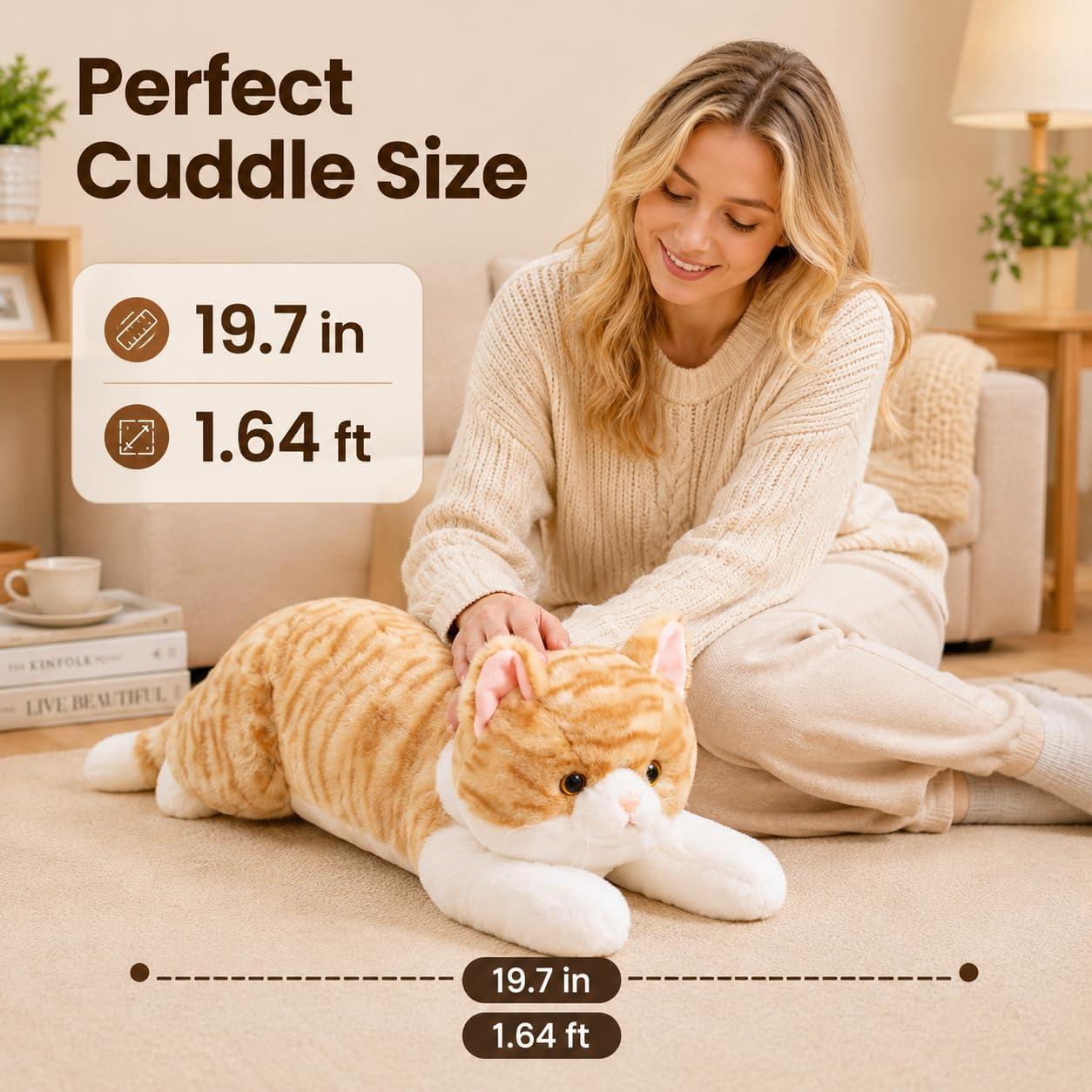 19.7 Inches Realistic Cat Stuffed Animal – Yellow Soft Plush Kitty Toy for Kids and Girlfriend, Cute Cat Plush for Birthday Gift