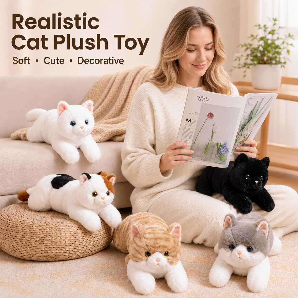 19.7 Inches Realistic Cat Stuffed Animal – Yellow Soft Plush Kitty Toy for Kids and Girlfriend, Cute Cat Plush for Birthday Gift