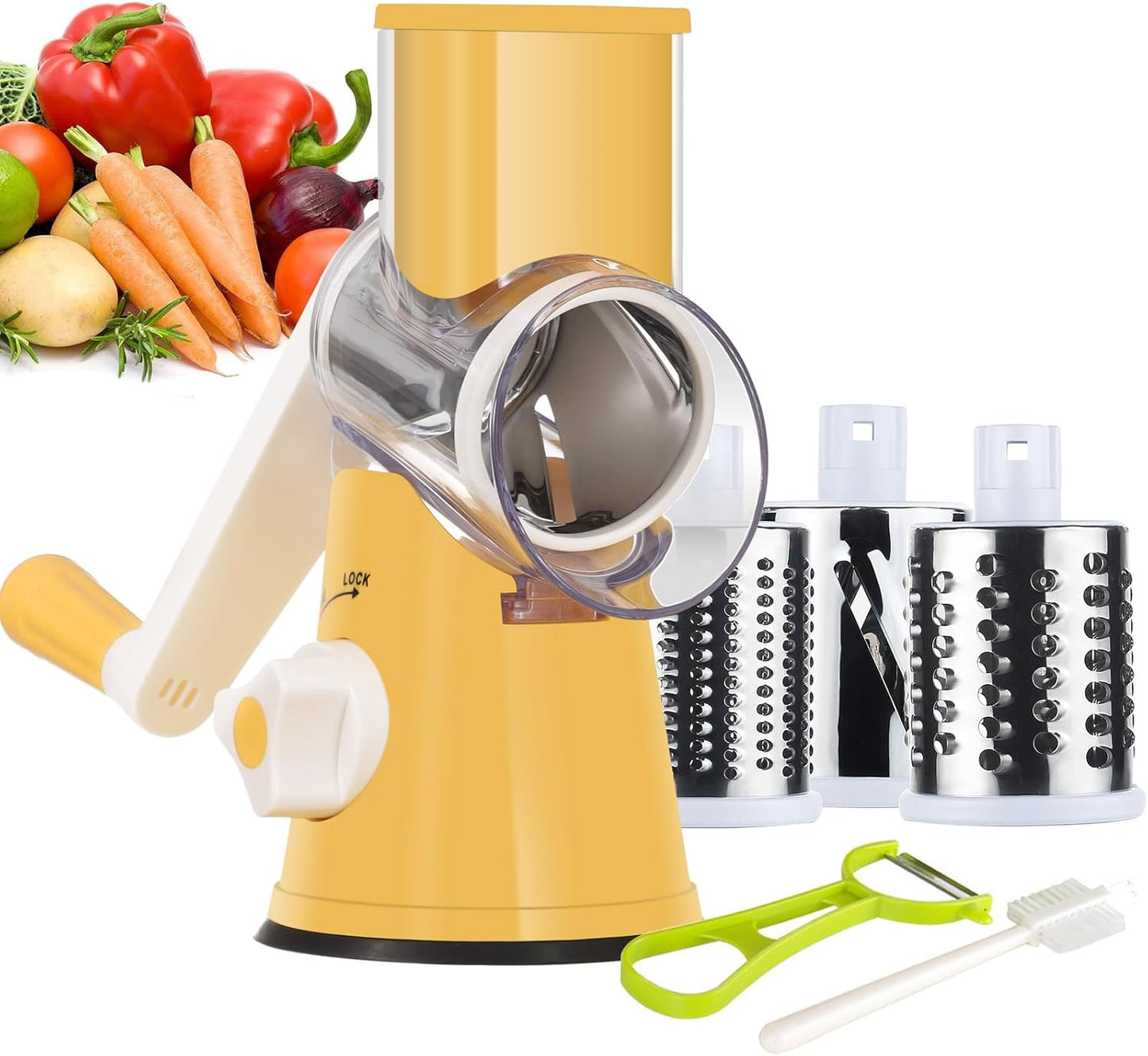 Rotary Cheese Grater Hand Crank, Kitchen Shredder Speed Mandolin Slicer Nut Grinder with Handle and Drum Blades for Cheese, Vegetable, Walnut, Chocolate, Potato, Carrot, 3 Blades, Yellow